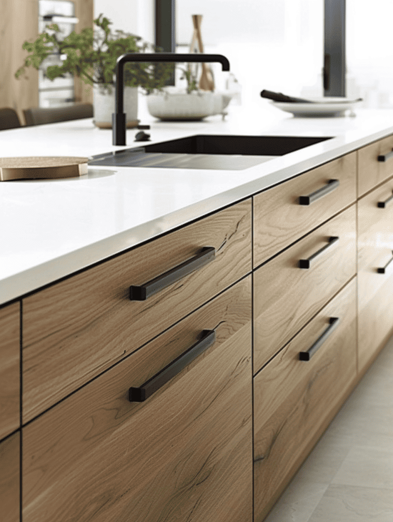 Natural wood cabinets with matte black handles with white quartz countertops ar 3:4