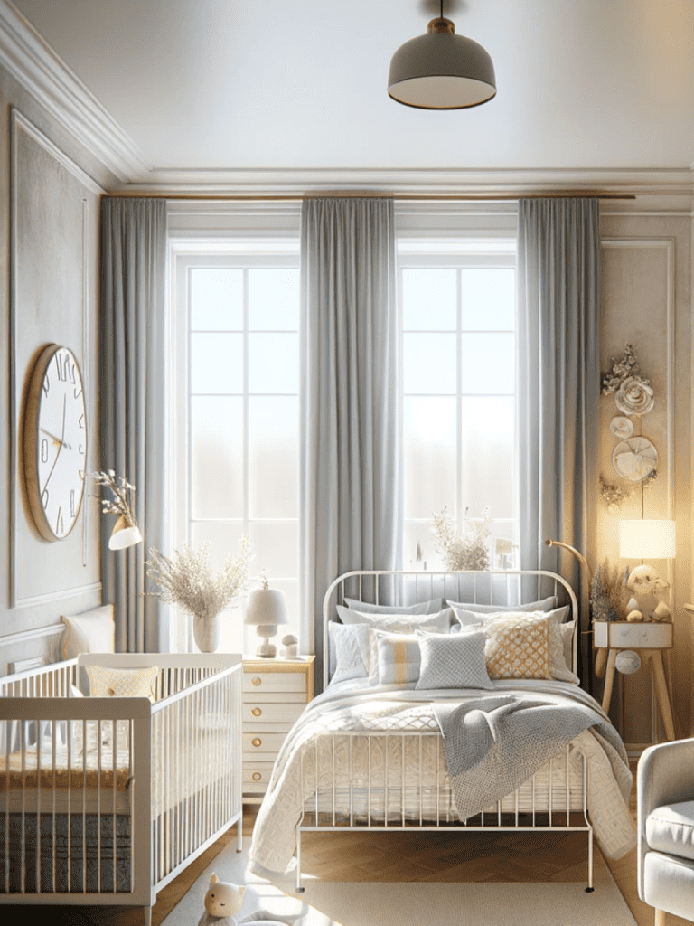 A charming and light-filled shared adult and baby bedroom
