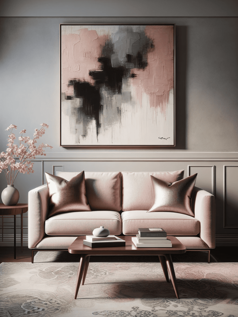 A contemporary living room scene with a blush pink sofa set against a soft grey wall