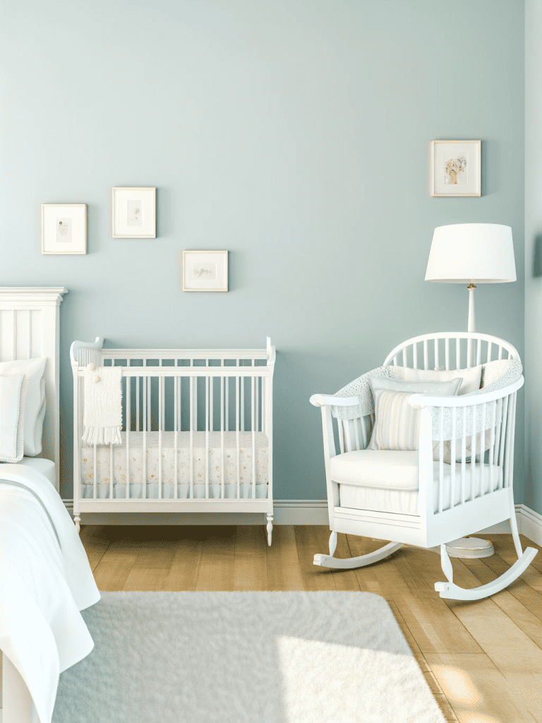 A cozy and serene nursery corner in a bedroom, featuring a soft pastel blue wall that creates a calming atmosphere