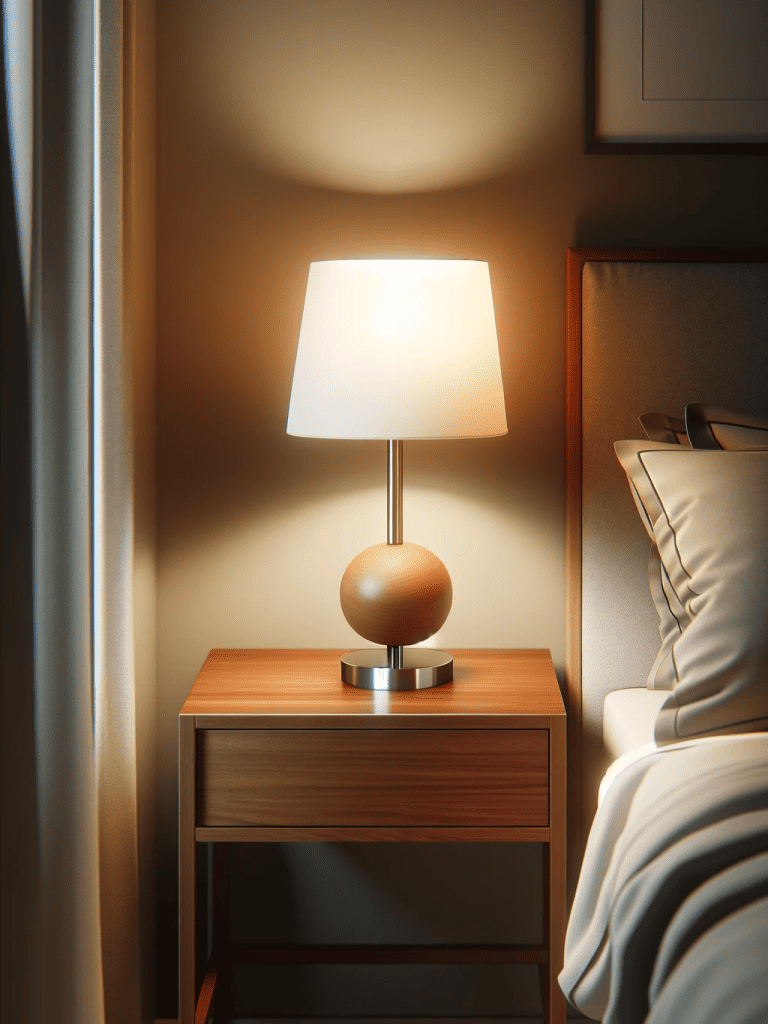 A cozy bedroom scene focused on a stylish bedside table, crafted from warm-toned wood with simple, clean lines
