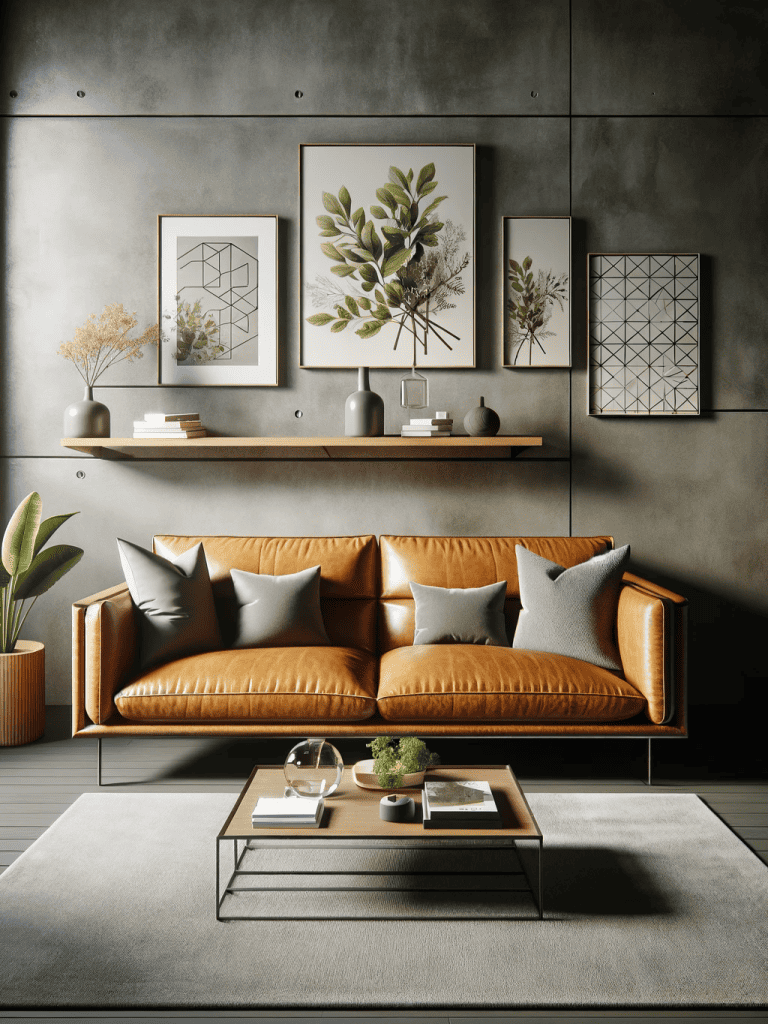 A modern living room that boasts a sleek, caramel-colored leather sofa adorned with comfortable grey pillows