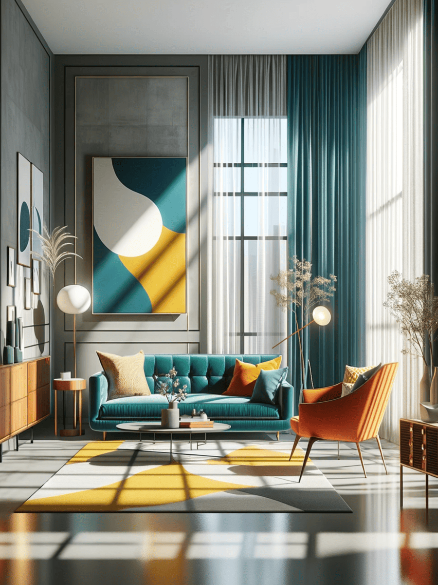 A vibrant with luxurious teal couch that stands out against the neutral walls, accompanied by an orange armchair that adds a pop of contrasting color