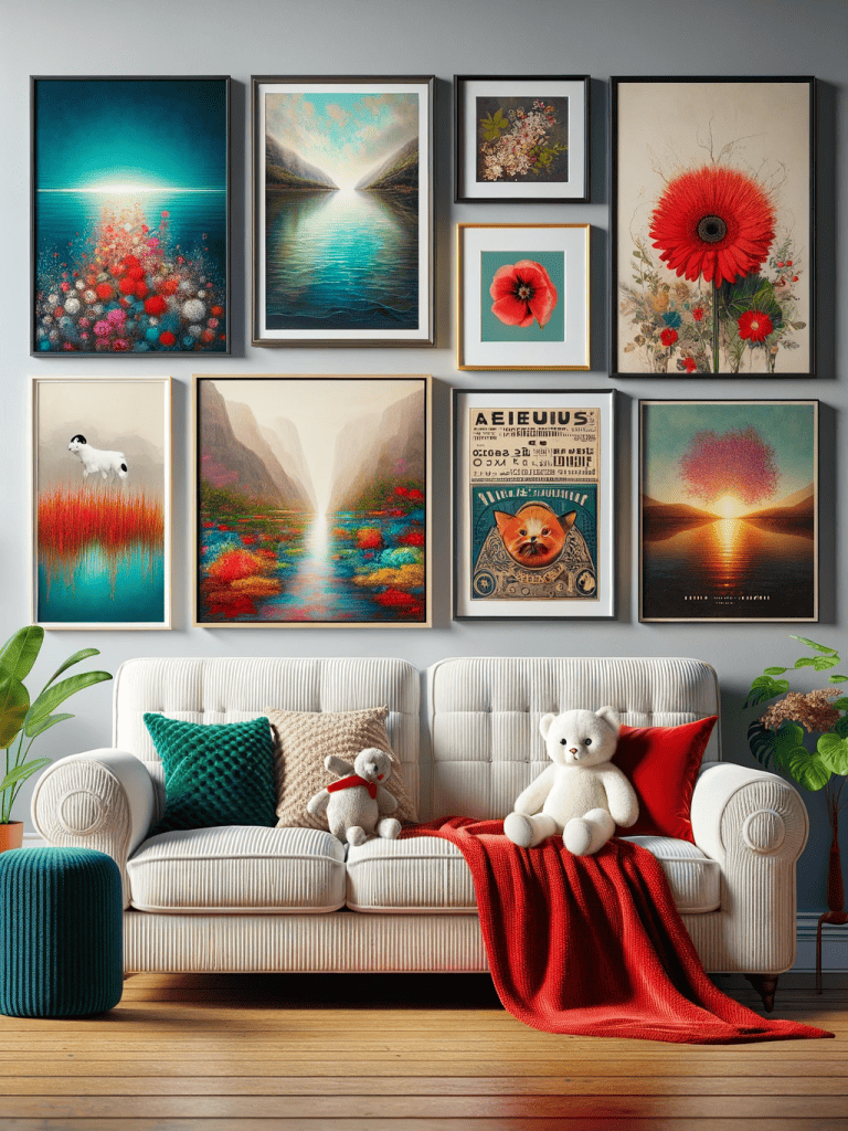 Artistic Living Room Gallery Wall. Featuring a variety of framed artwork including abstract water reflections, vibrant still life, landscape scenes
