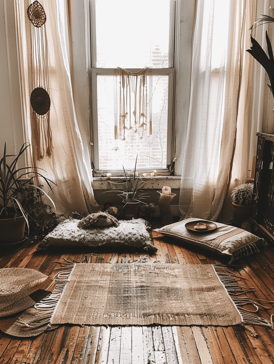  boho meditation space with bamboo floor mat