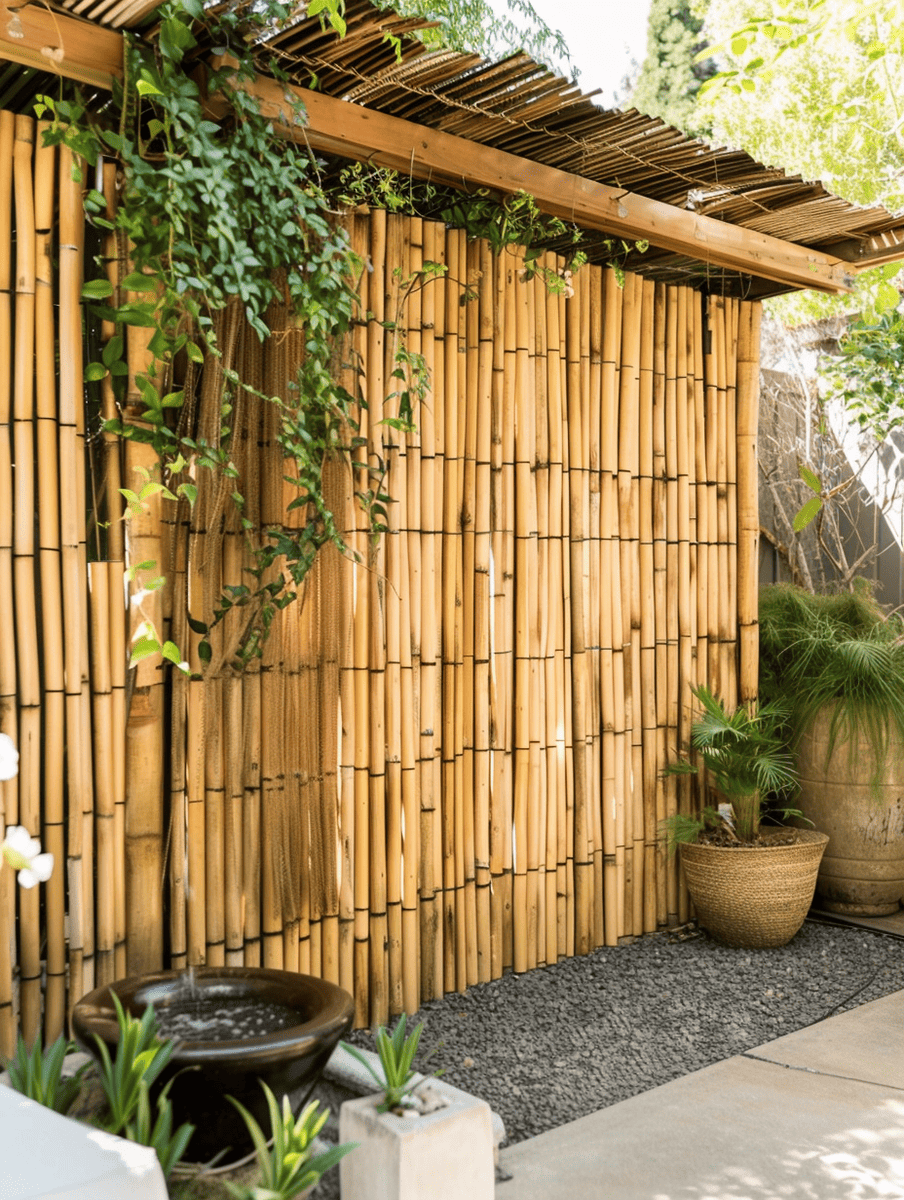 boho style backyard with bamboo privacy screens and climbing plants