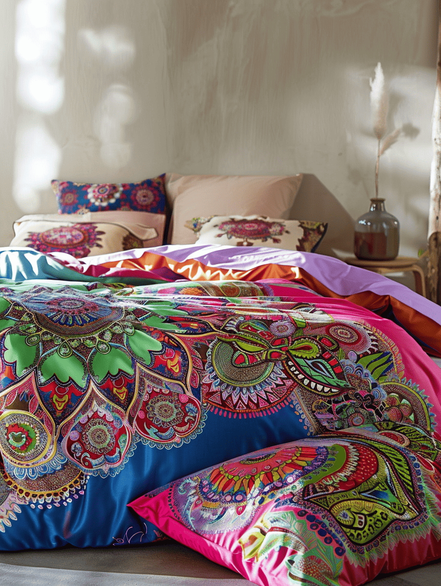 Bedding with boho motifs like mandalas, paisleys, or tribal prints