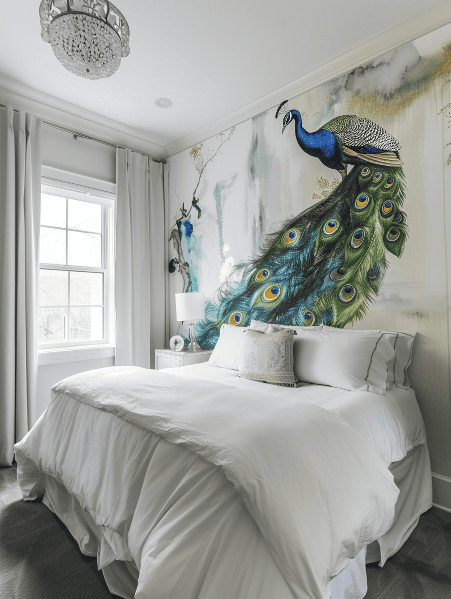 A huge peacock painting on the wall matched with white beddings