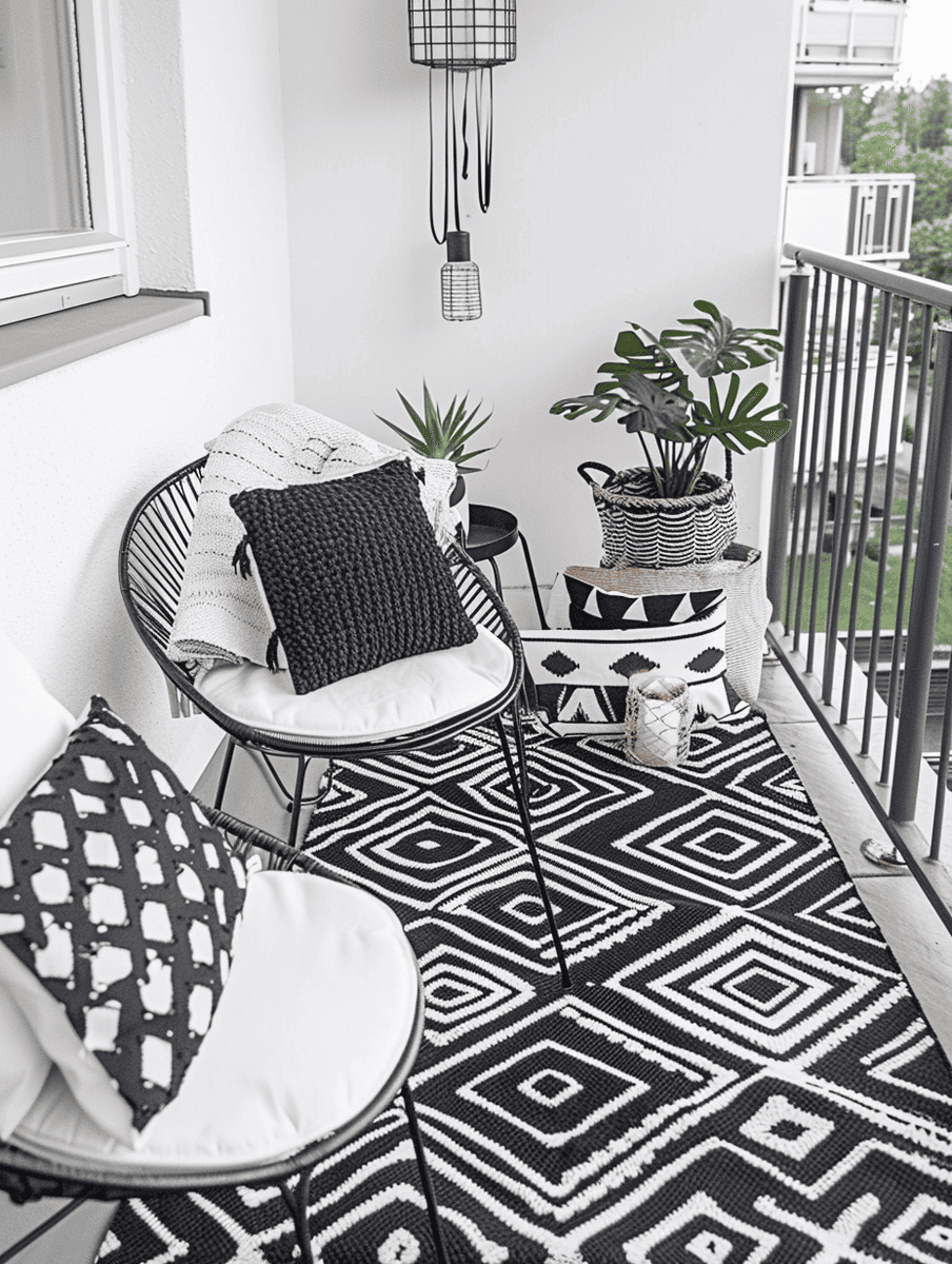minimalist boho balcony design with black and white Moroccan rug and minimalist furniture