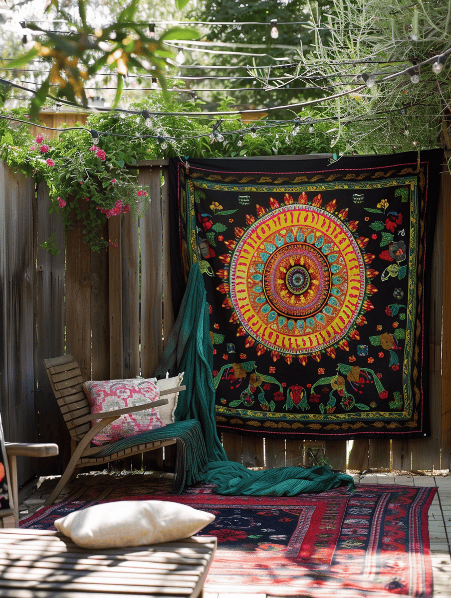 boho style backyard with bohemian tapestries as fence art
