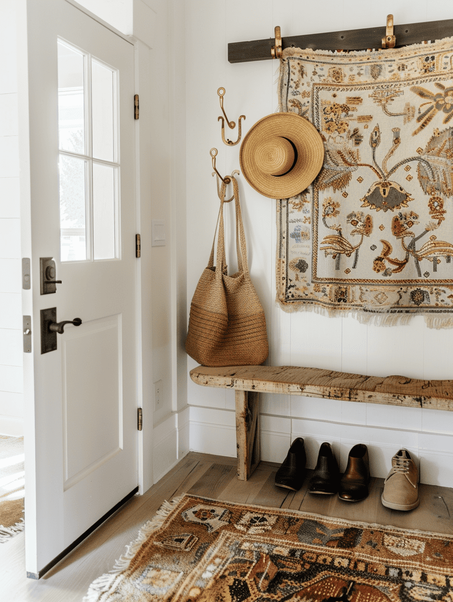 rustic boho entryway design with a bohemian tapestry and antique brass hooks
