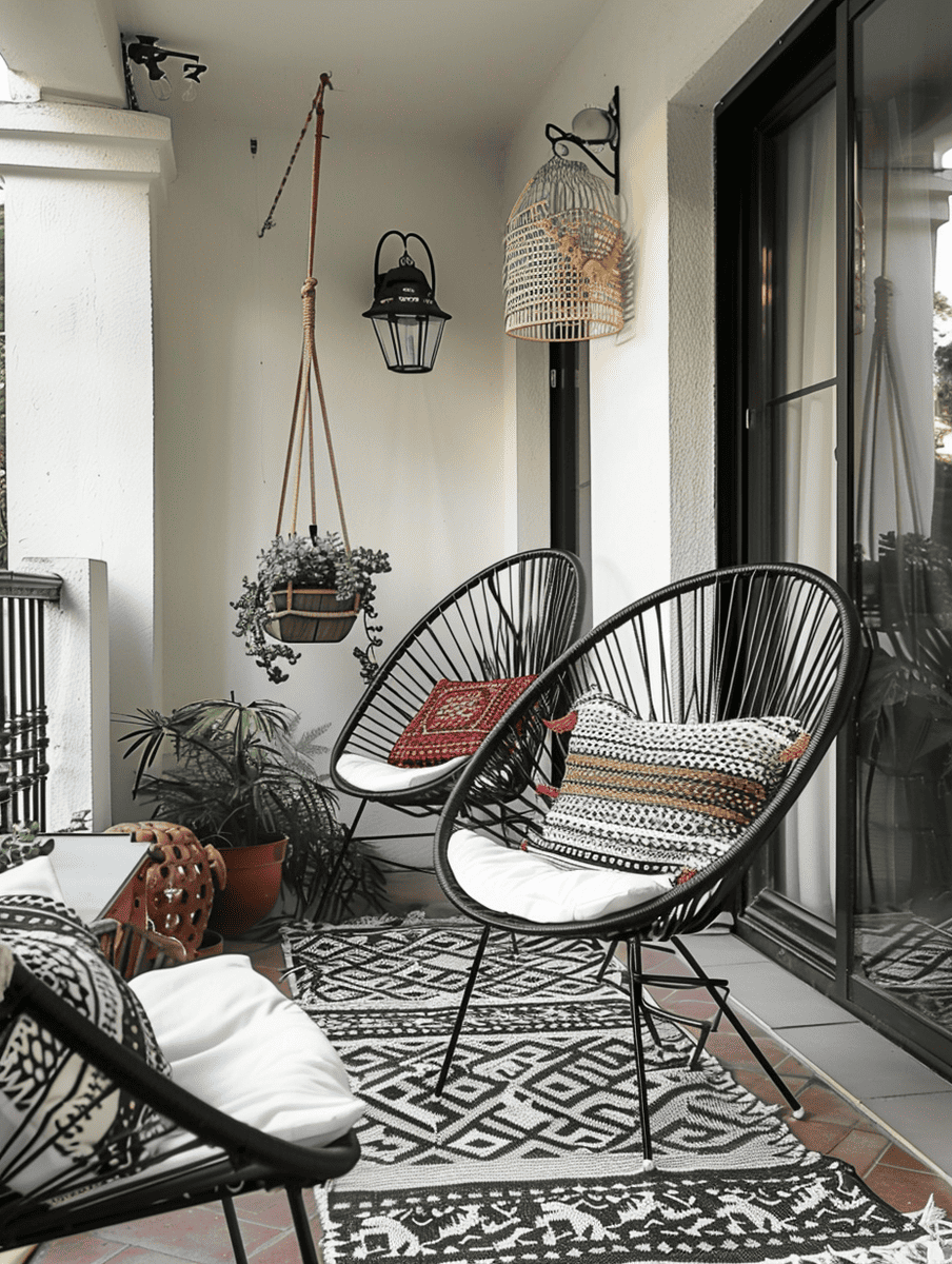 minimalist boho balcony design with clean-lined metal chairs and boho patterned cushions

