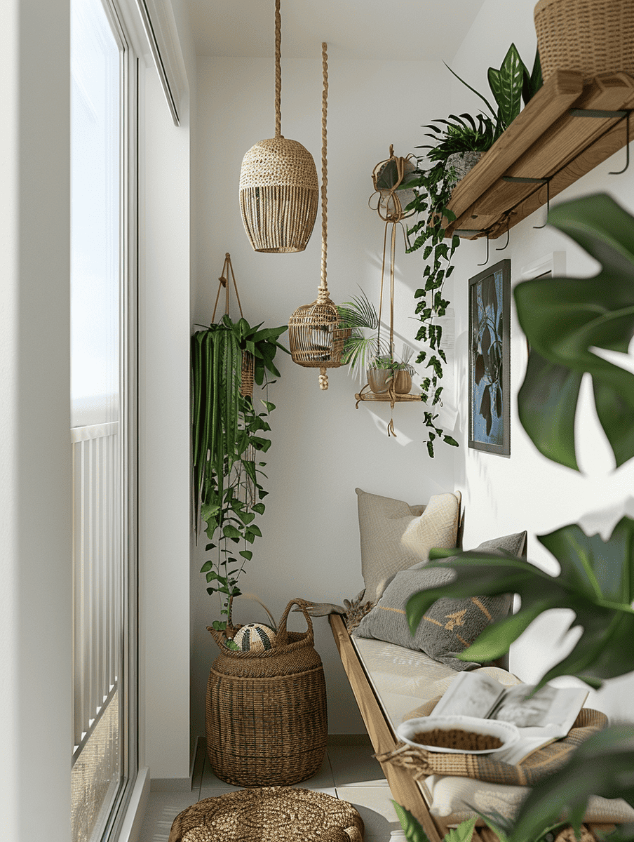 minimalist boho balcony design with clean-lined shelving and eclectic boho objects