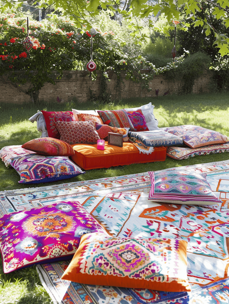 boho style backyard with colorful outdoor rugs and floor pillows