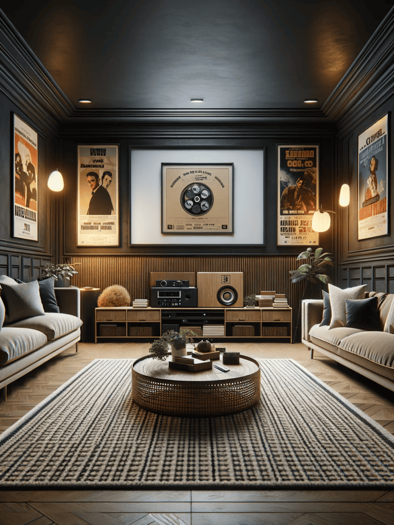 Cozy movie-watching atmosphere with framed vintage movie posters placed above a beige sofa