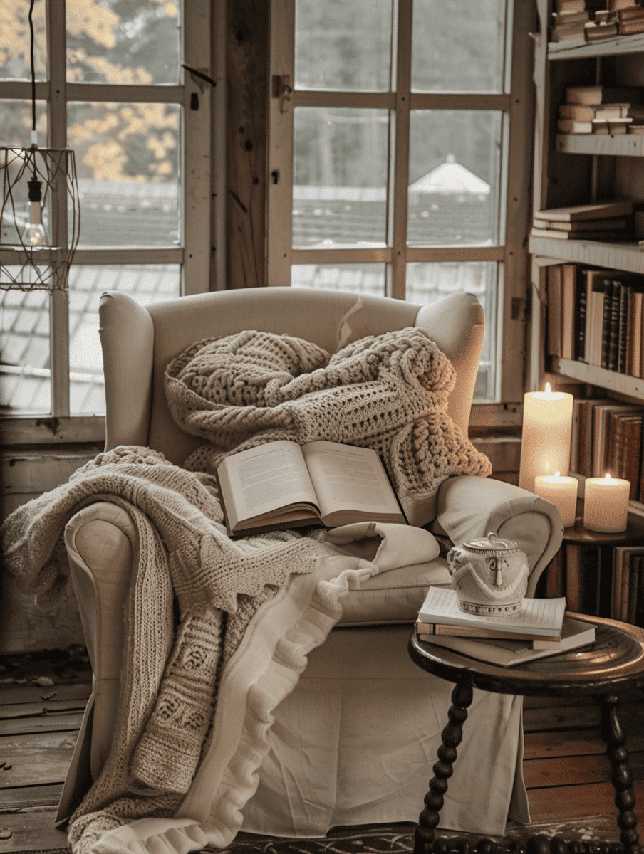 Cozy reading nook with an armchair, soft blanket, and books