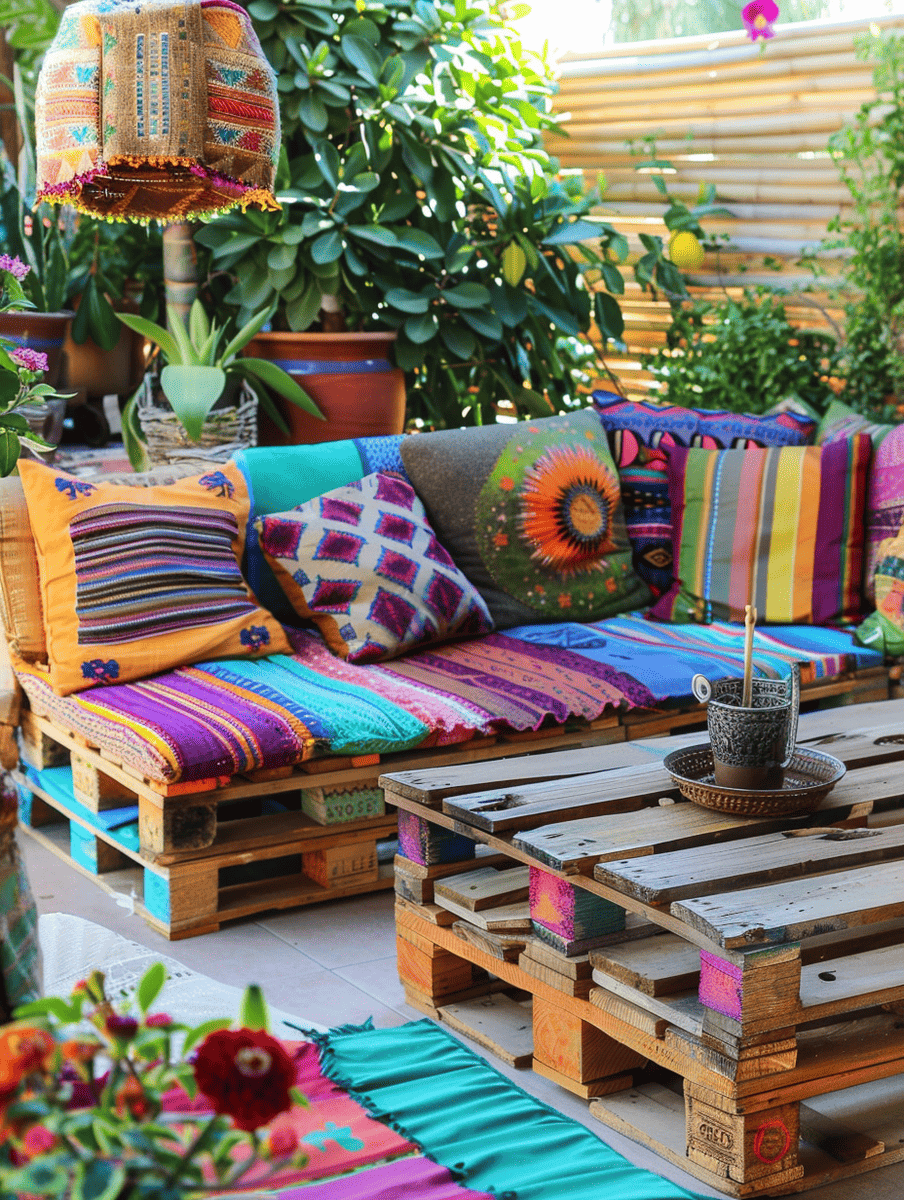 boho style backyard with DIY pallet furniture and colorful cushions