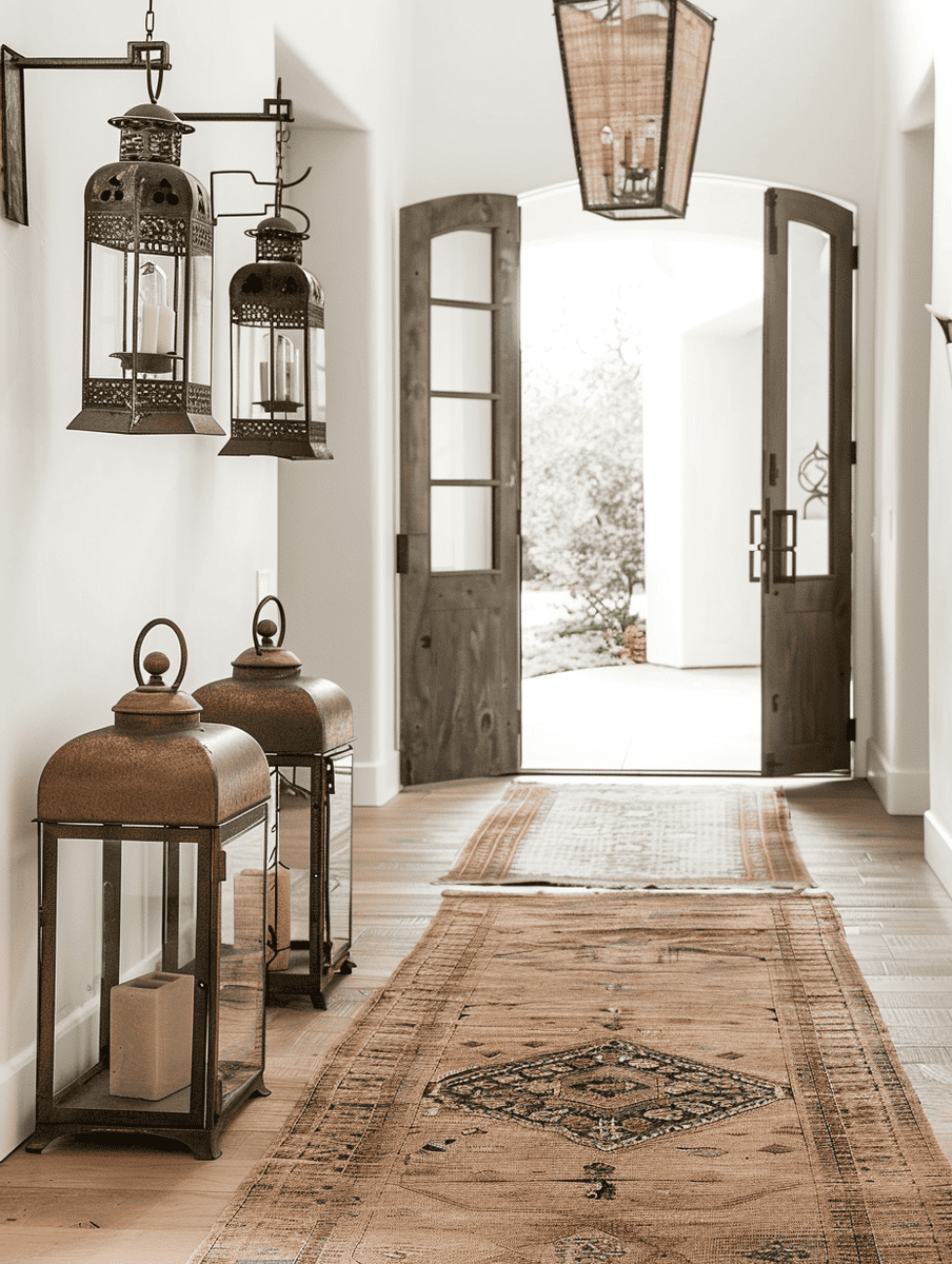 rustic boho entryway design with an earth-toned runner and vintage metal lanterns