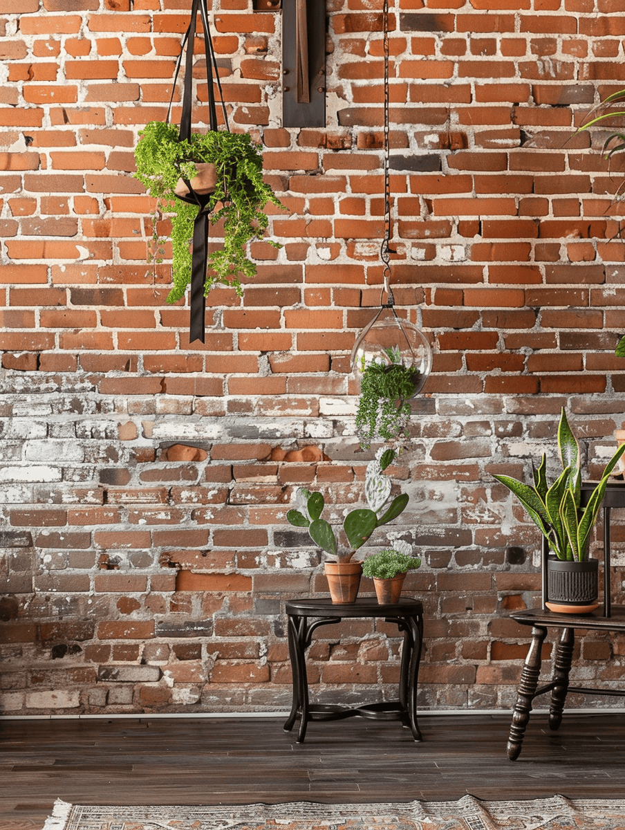rustic boho entryway design with an exposed brick wall and hanging terrariums