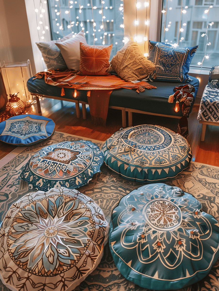 boho meditation space with floor cushions and mandala patterns