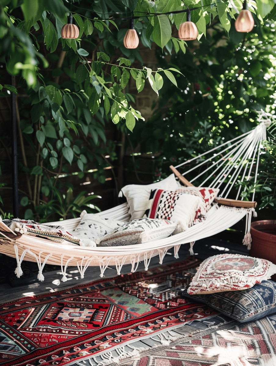 boho style backyard with hammocks, woven blankets, and pillows