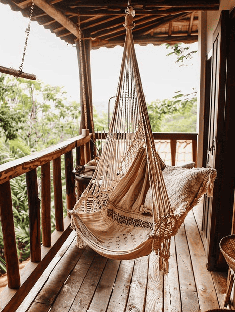 minimalist boho balcony with hanging cotton hammock chair