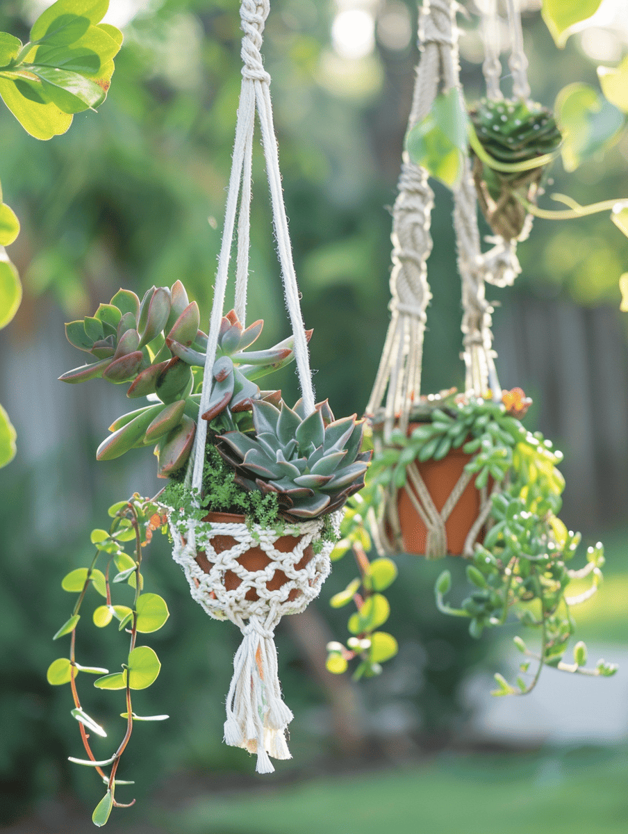 boho style backyard with hanging macrame plant holders and succulents