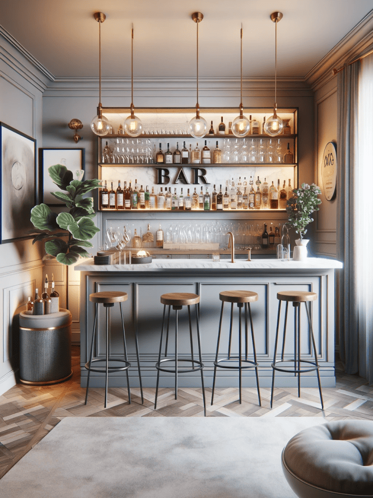Home Bar. Showcasing a serene space with soft gray walls and warm recessed lighting