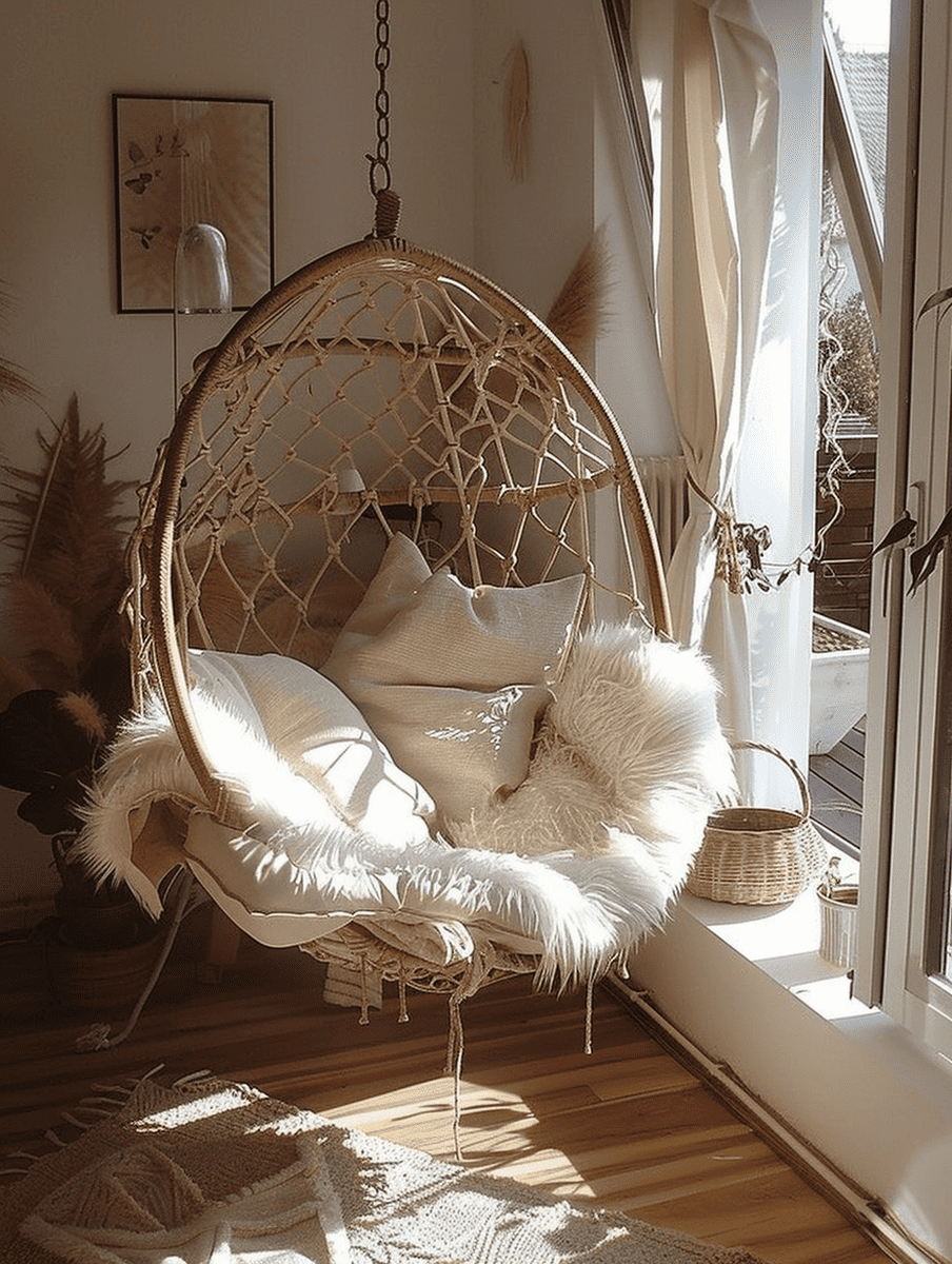  boho meditation space with indoor hanging chair and fluffy pillows