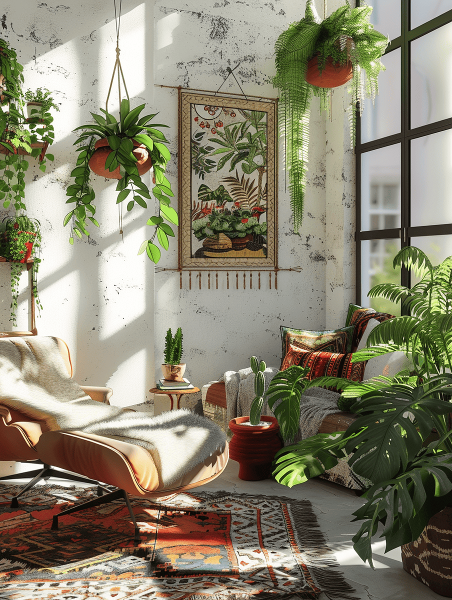 Indoor space with succulents, hanging ferns, and a fiddle-leaf fig