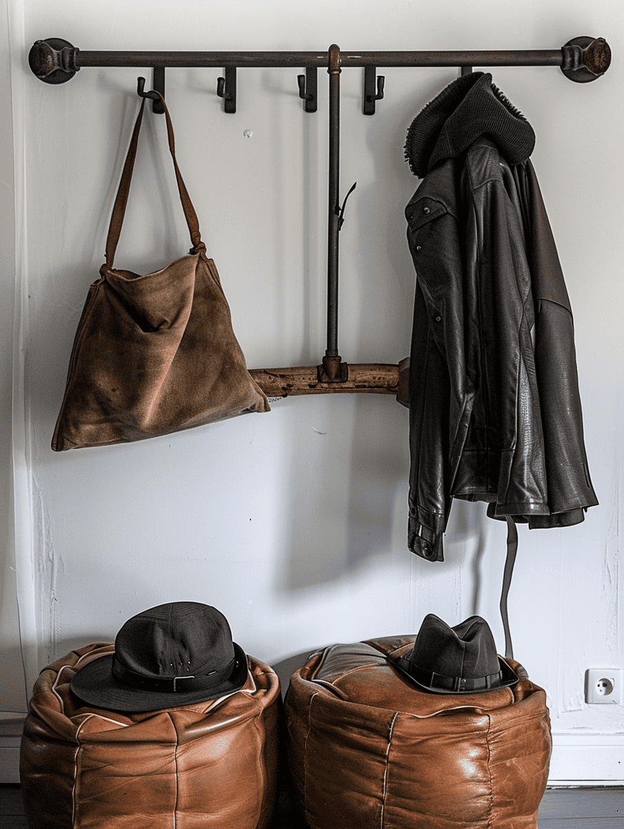 rustic boho entryway design with an industrial pipe coat rack and leather poufs

