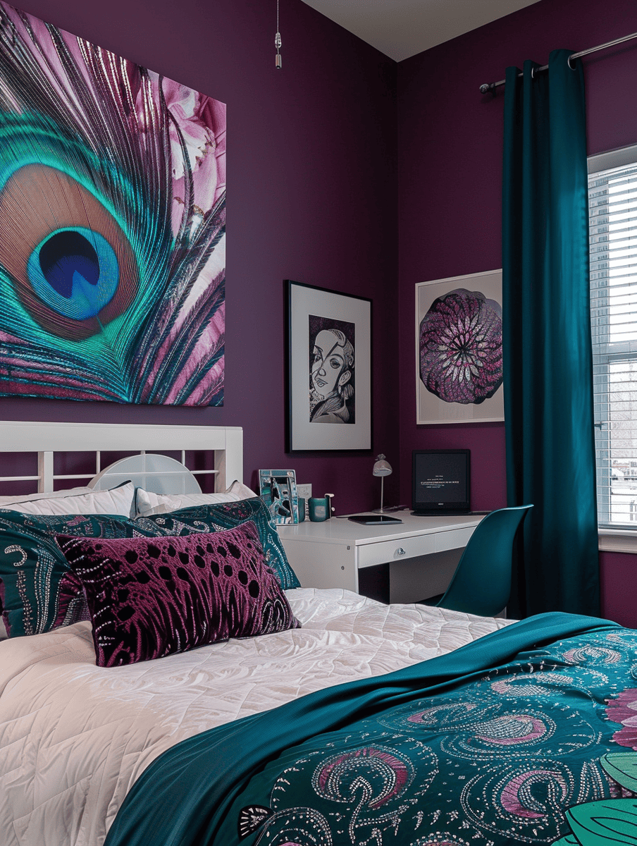 Simple purple walled bedroom with peacock patterns all around it 