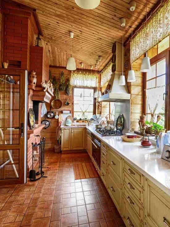 Large high-ceiling kitchen in a country house