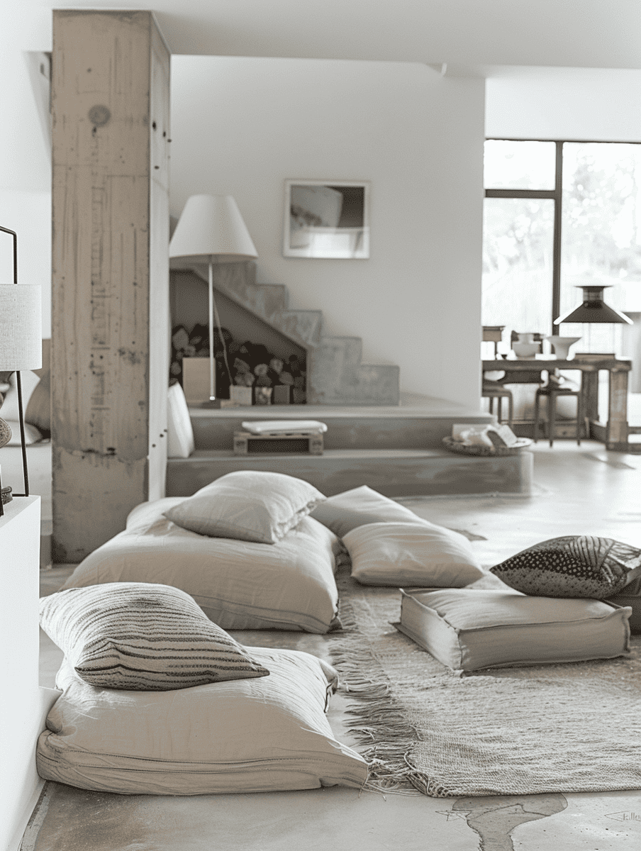 Living space with scattered floor pillows and ottomans
