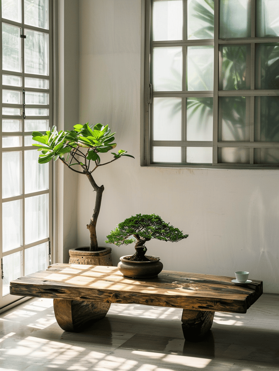 boho meditation space with low wooden table and bonsai tree