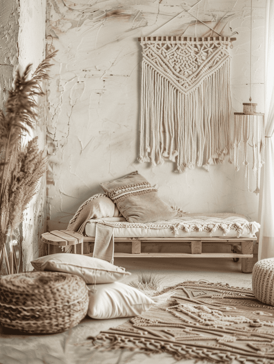 boho meditation space with macrame wall art for texture