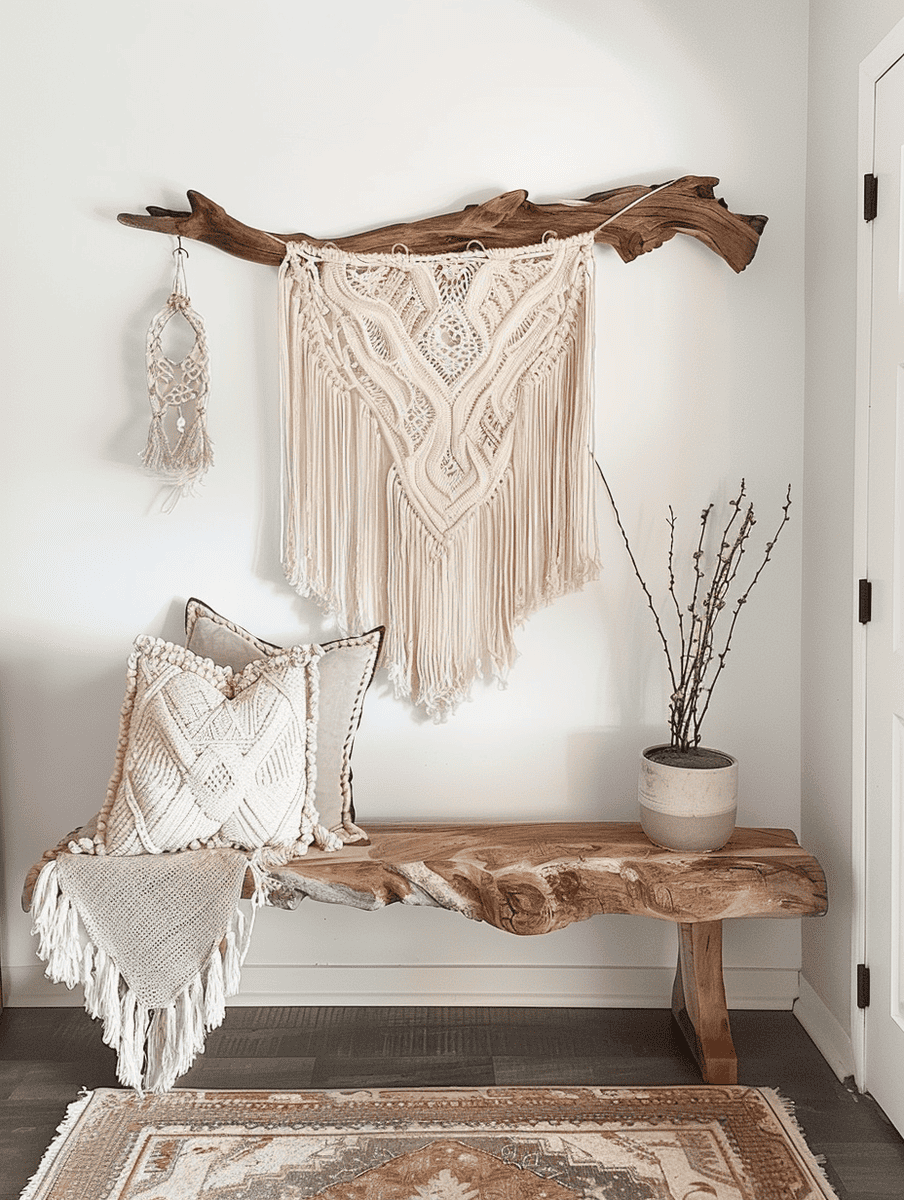 rustic boho entryway design with a macrame wall hanging and driftwood art