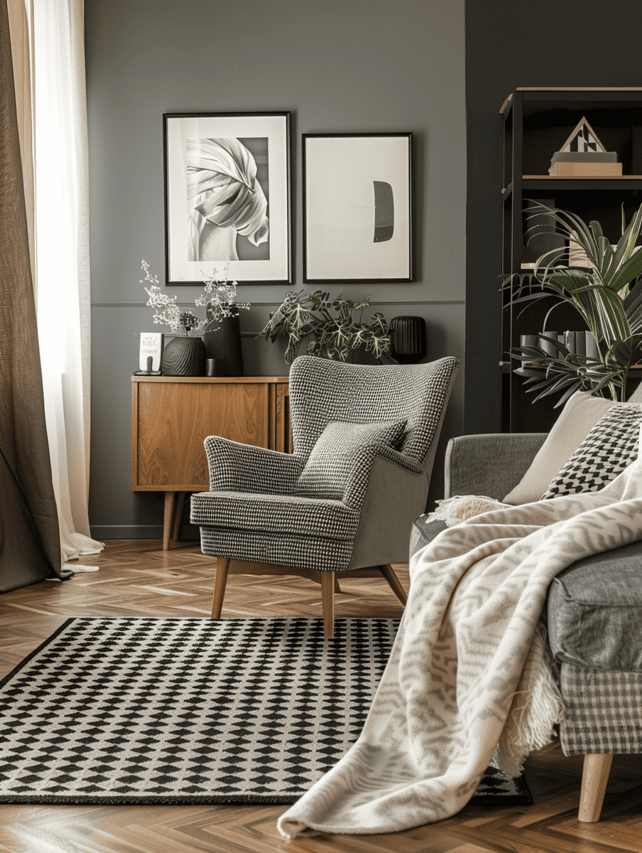 a modern living room with a dark gray color scheme. There is a houndstooth-patterned armchair with a beige throw, a light gray sofa with cushions, and a geometric-patterned black and white rug on the floor. A wooden credenza, some potted plants, and framed abstract art pieces contribute to the room's contemporary decor. The overall ambiance is cozy and stylish.