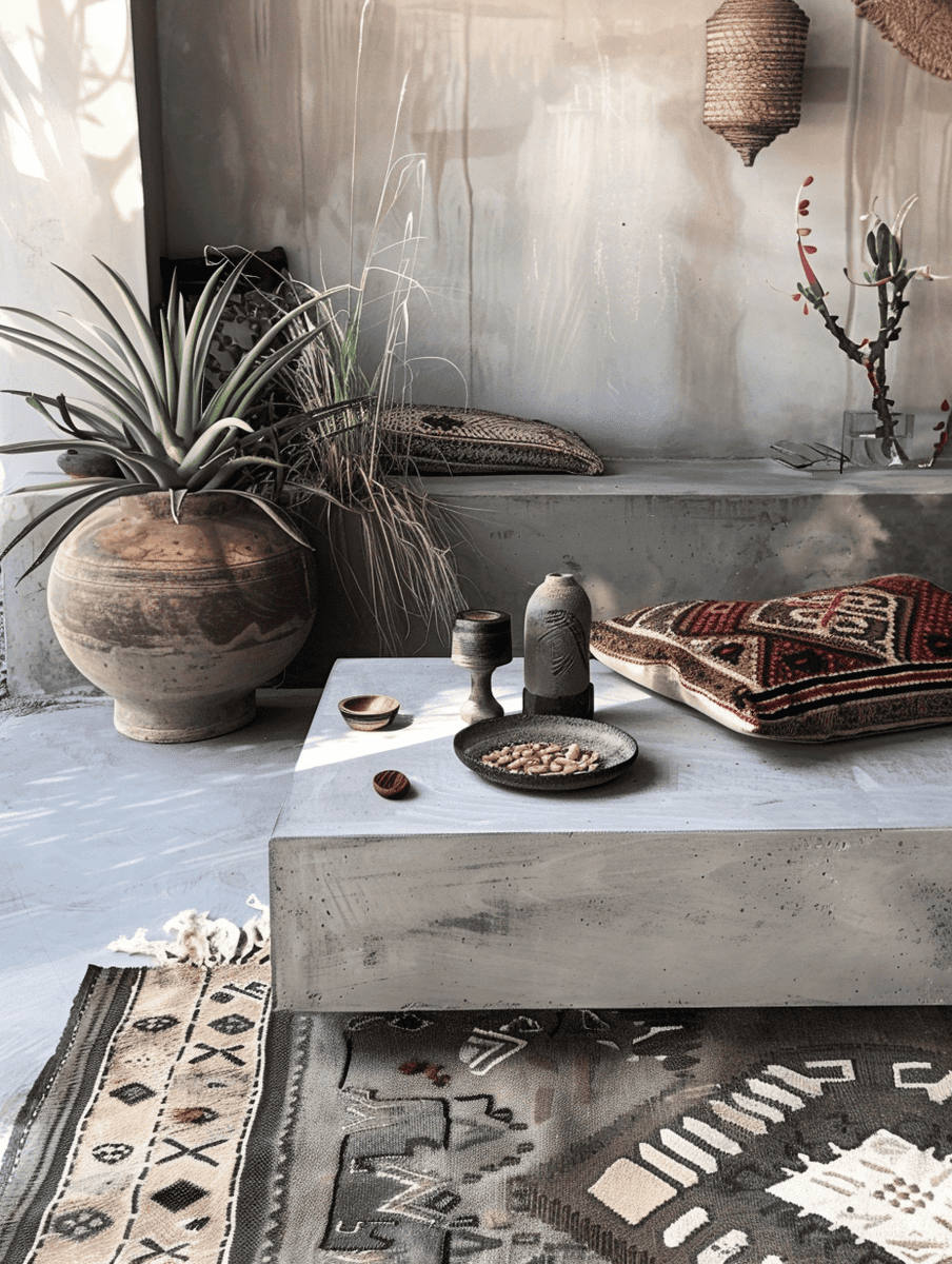 An earth-toned, tranquil corner is styled with cultural accents: a large potted plant, woven baskets, and a concrete bench draped with a richly patterned textile, all resting on layered rugs that add depth and texture to the space.