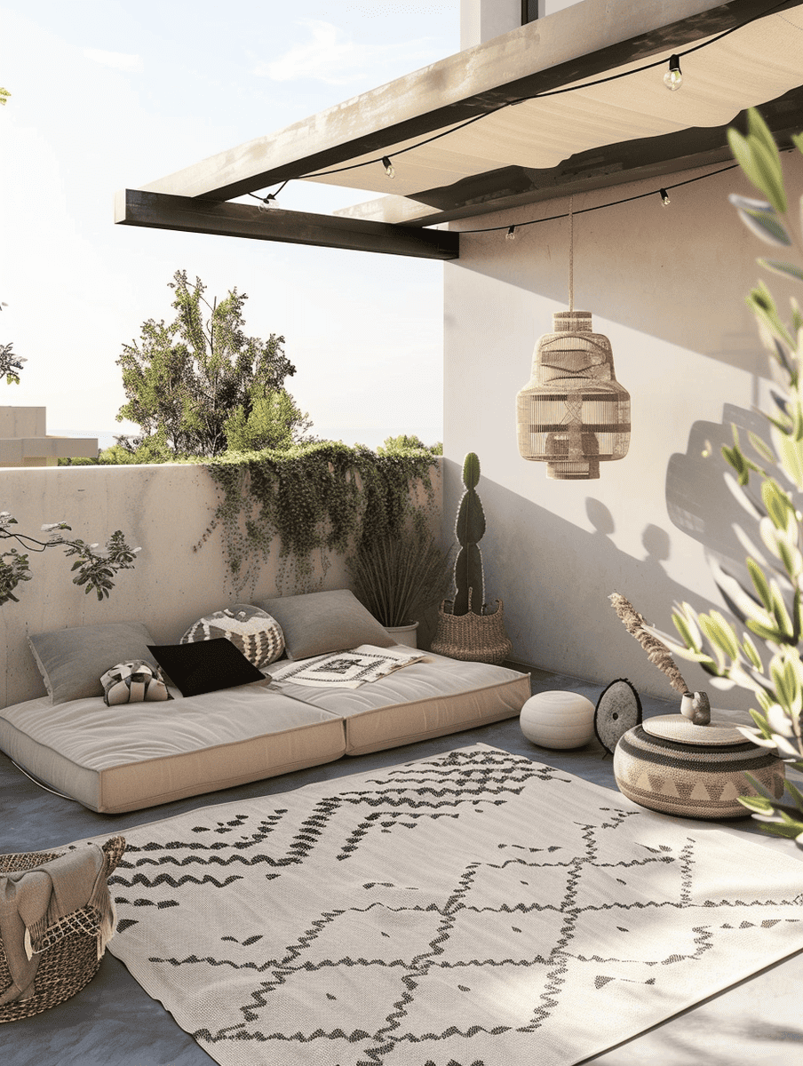 minimalist boho balcony with minimalist geometric outdoor rug