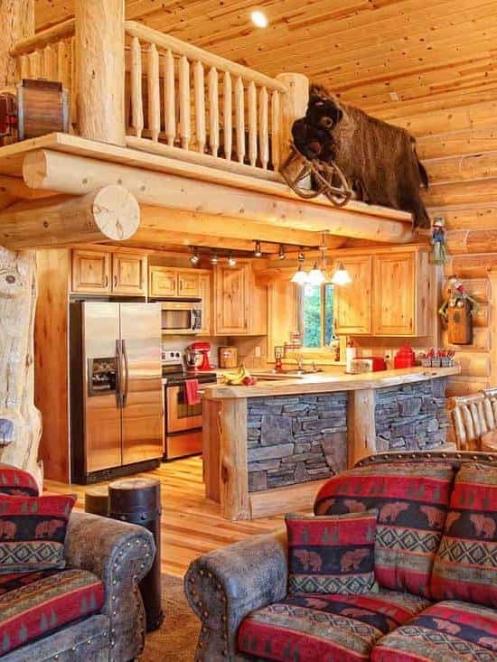 Modern appliances inside a traditional log cabin rustic kitchen
