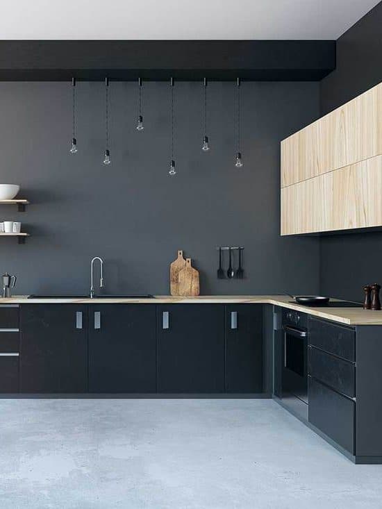 Modern kitchen interior with dark walls
