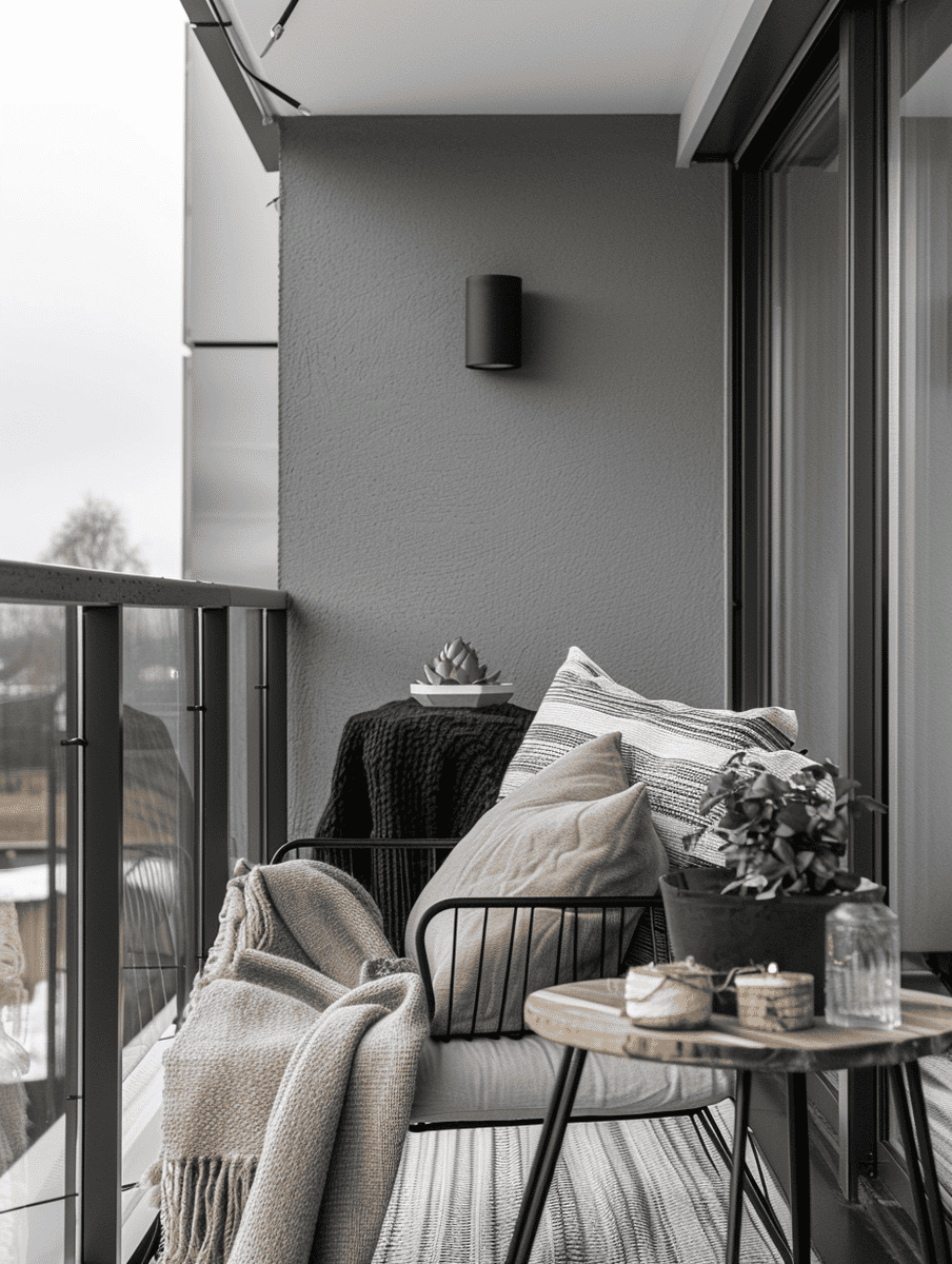 minimalist boho balcony design with monochrome palette and boho textile accents