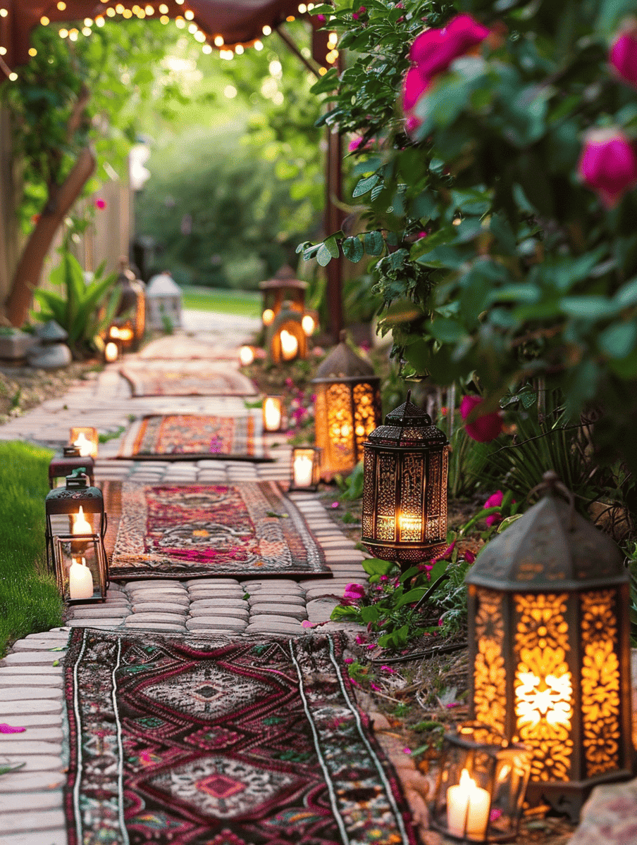 boho style backyard with moroccan-style lanterns on pathways