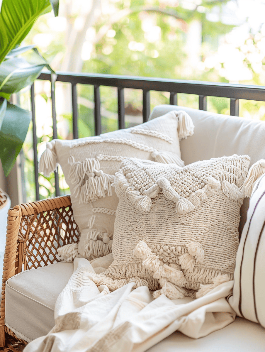 minimalist boho balcony with neutral-toned throw pillows and tassels