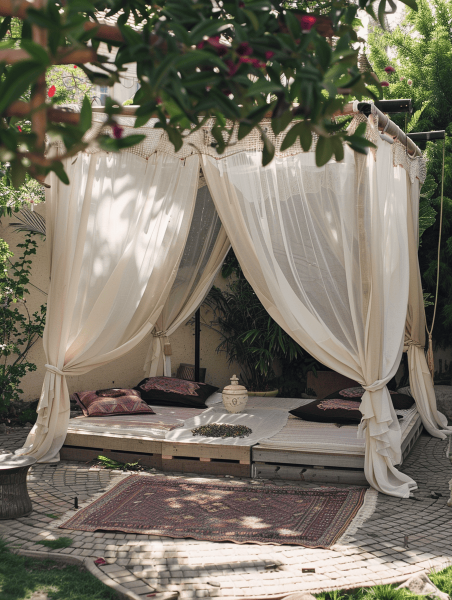 boho style backyard with outdoor canopy and sheer drapes