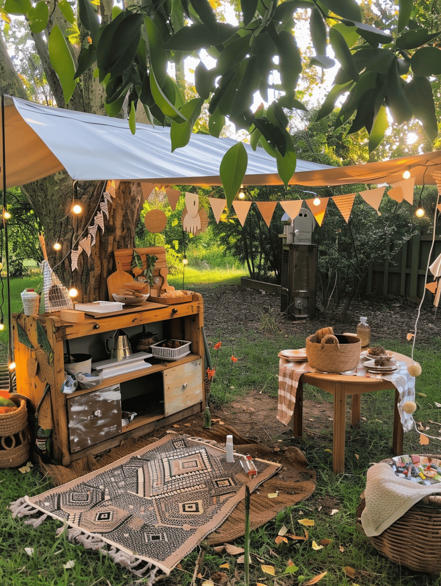 boho style backyard with outdoor mud kitchen for creative play