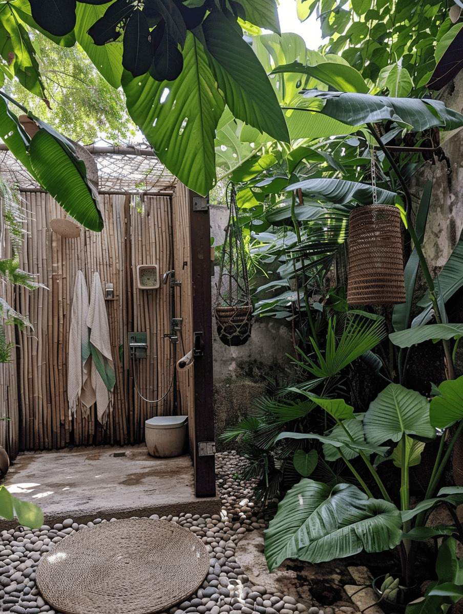 boho style backyard with outdoor shower surrounded by tropical plants