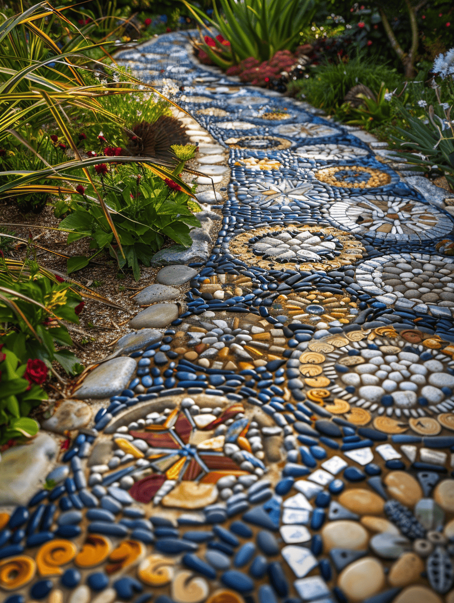 boho style backyard with pebble mosaic pathways and intricate designs