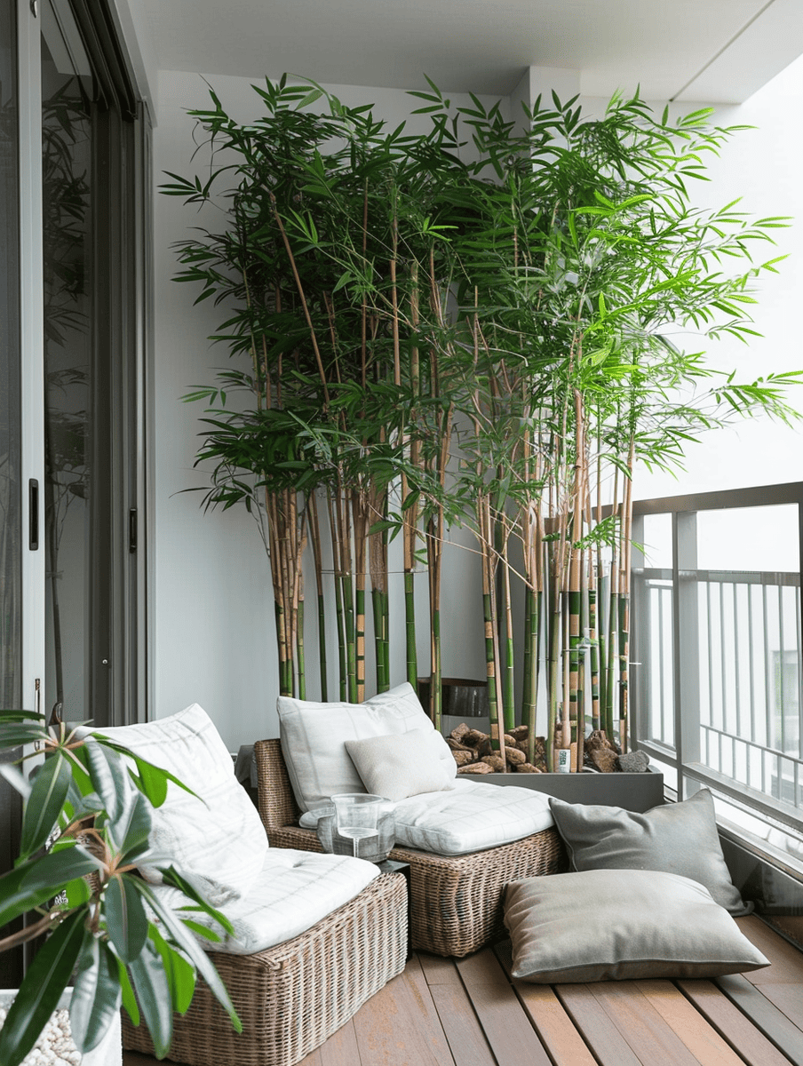 minimalist boho balcony with potted bamboo for privacy